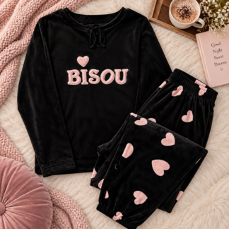 Black Velvet Heart Print Winter Pajama Set