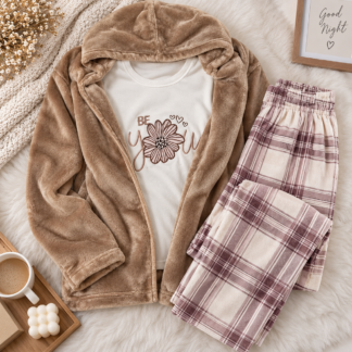 3 Pcs Plush Fleece Pajama Set with Hooded Jacket Beige & Plaid