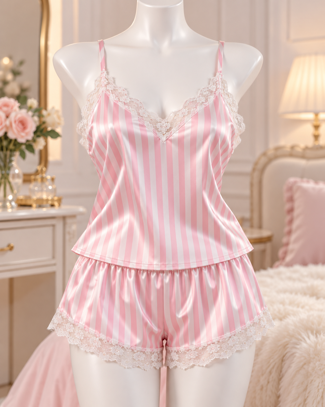 Pink Striped Satin Cami Pajama Set with Lace Trim - الصورة 2