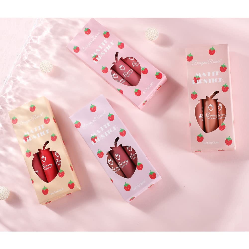 Shein 3PCS Strawberry Lipstick Set Velvet Matte Lipstick - الصورة 2