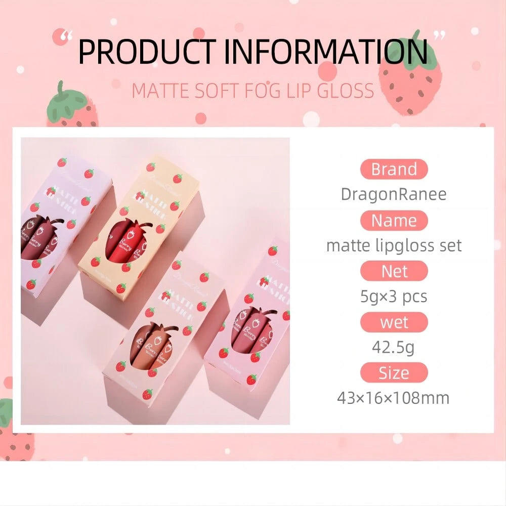 Shein 3PCS Strawberry Lipstick Set Velvet Matte Lipstick - الصورة 4