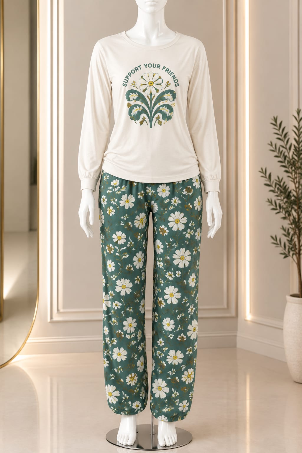 Daisy Floral Winter Pajama Set with Green Printed Pants - الصورة 2
