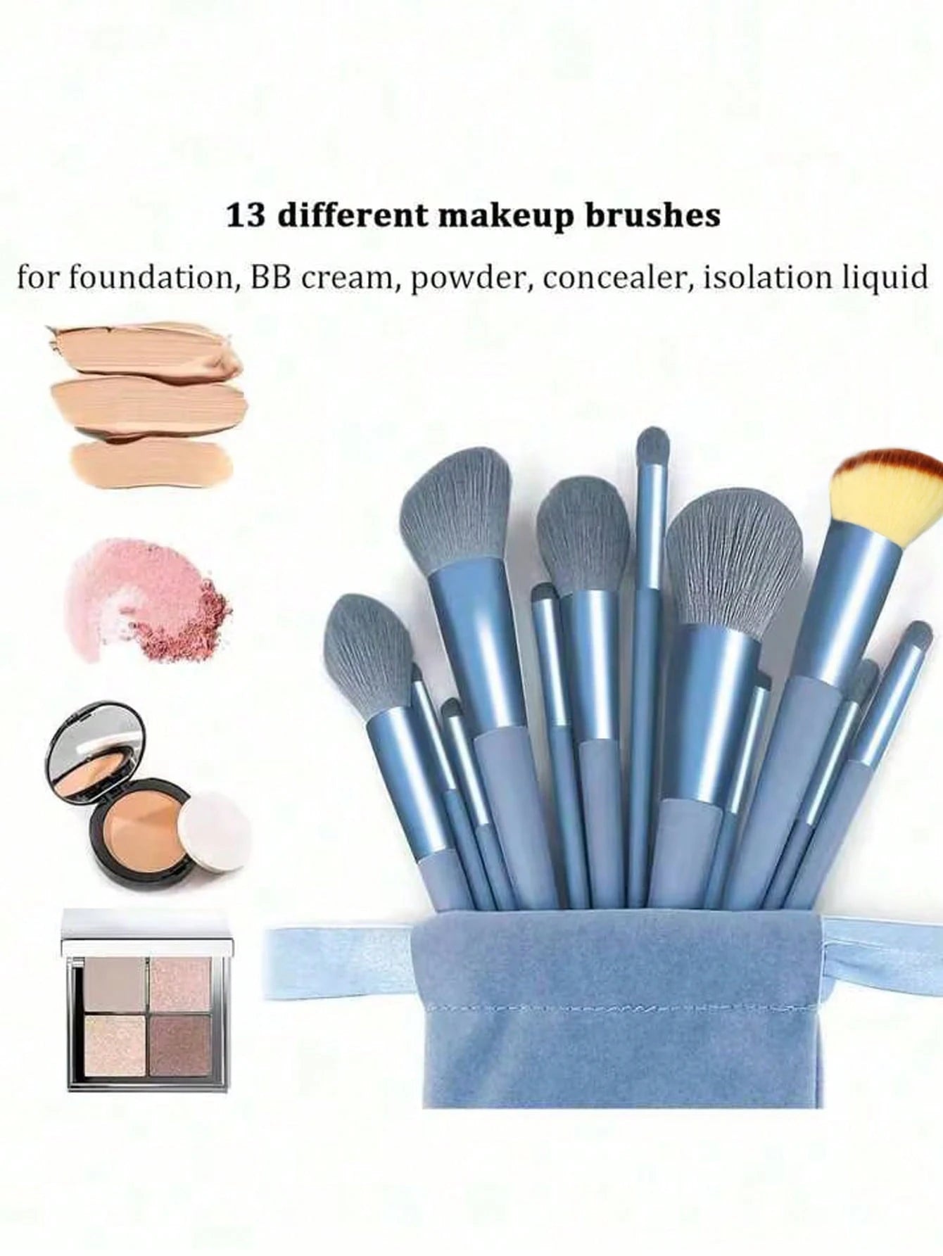 Shein 13pcs Blue Makeup Brushes Set + 2 Sponge - الصورة 6