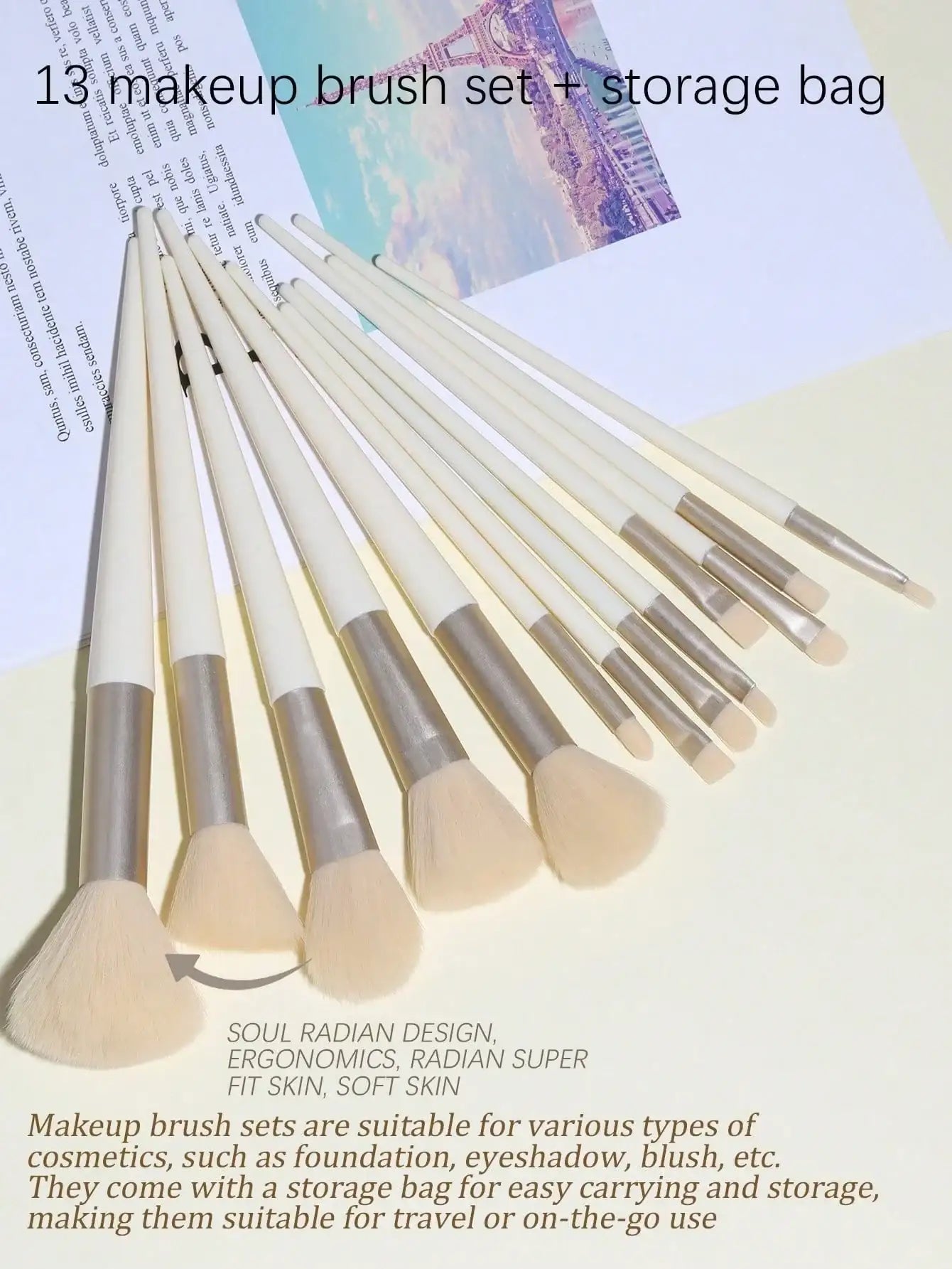 Shein 13 piece yellow makeup brush set with bag - الصورة 3