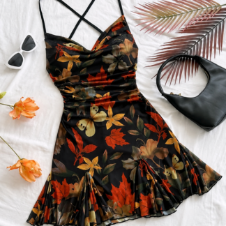 Black Autumn Floral Ruched Mini Dress