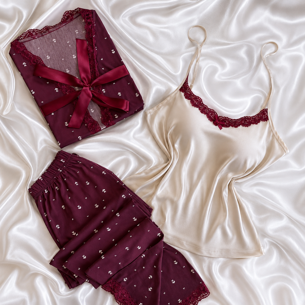 Floral Pajama Set – Burgundy & Ivory 3Pcs