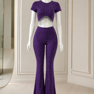 Women's Rhinestone Crop Top & Flared Pants