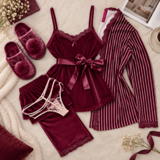 Pajama Set with Lace Trim & Robe