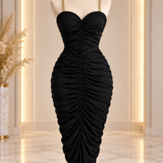 Black Ruched Bodycon Dress with Gold Chain Straps