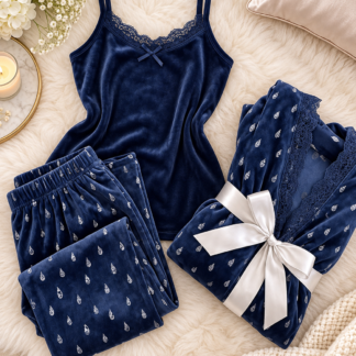 Navy Velvet 3 Piece Pajama Set with Lace Cami Pants & Robe