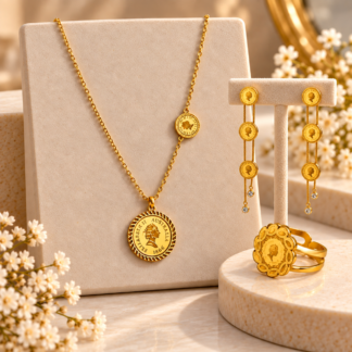 Stainless Steel Gold Coin Necklace Ring & Earrings Set