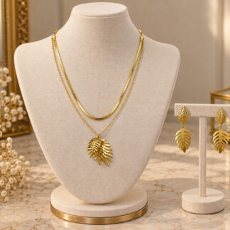 Stainless Steel Gold Tone Layered Tropical Leaf Necklace & Earrings Set