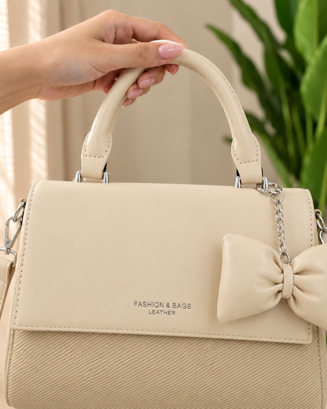 Bow Charm Top-Handle Crossbody Bag - Beige - الصورة 7
