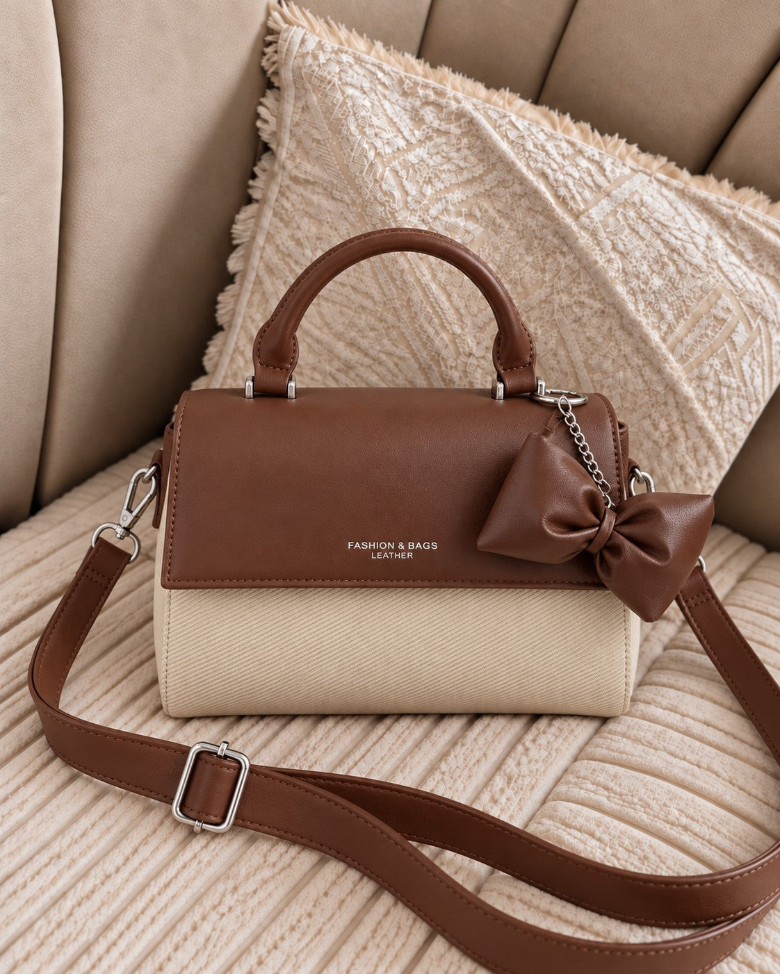 Bow Charm Top-Handle Crossbody Bag - Brown & Cream