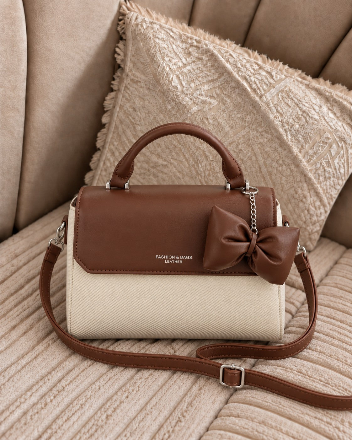 Bow Charm Top-Handle Crossbody Bag - Brown & Cream - الصورة 4