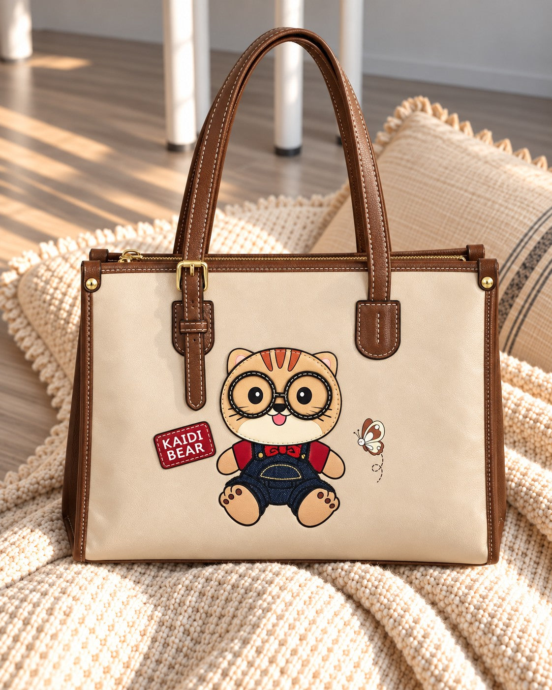 Cartoon Bear Patch Tote Bag - Beige