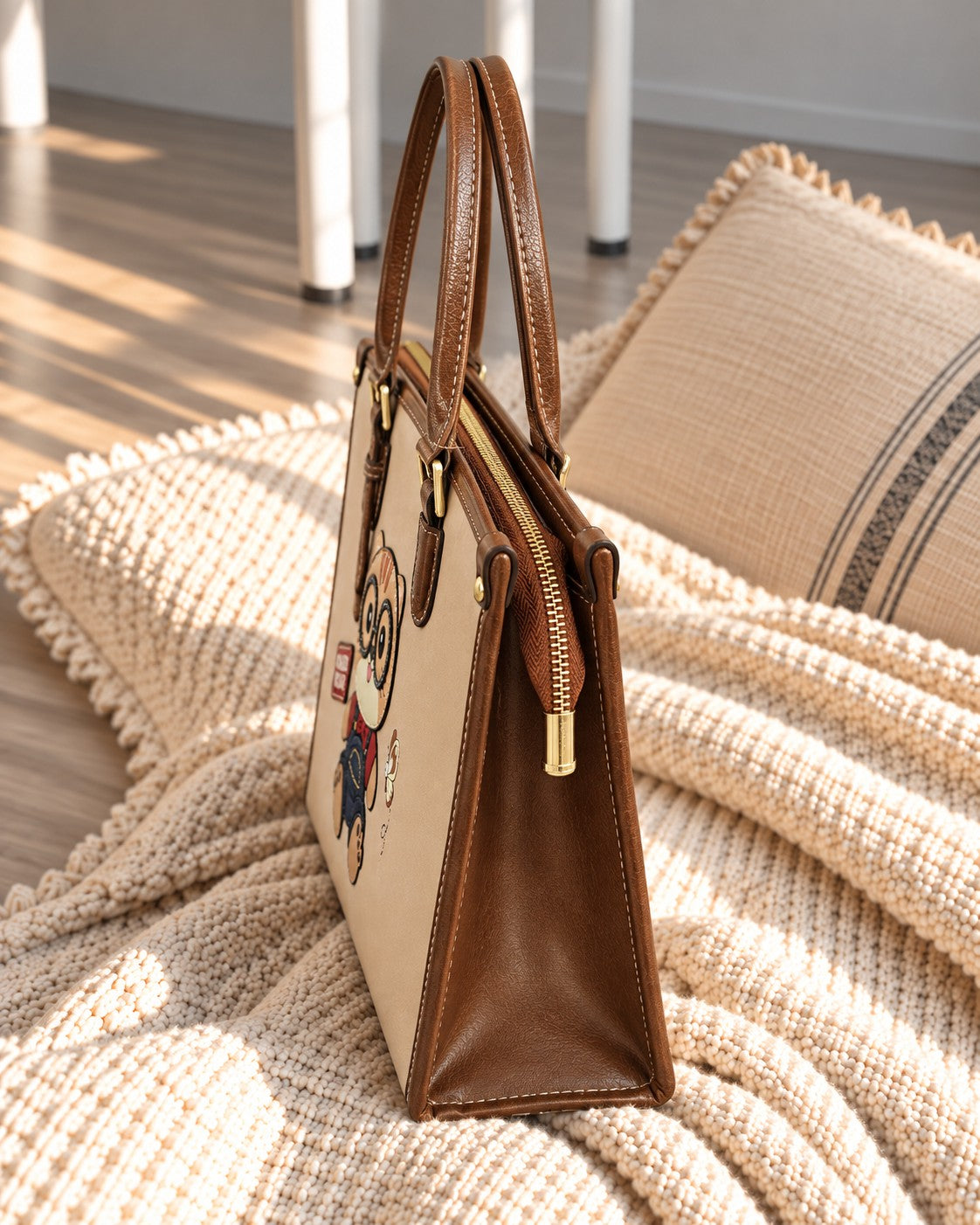 Cartoon Bear Patch Tote Bag - Beige - الصورة 2