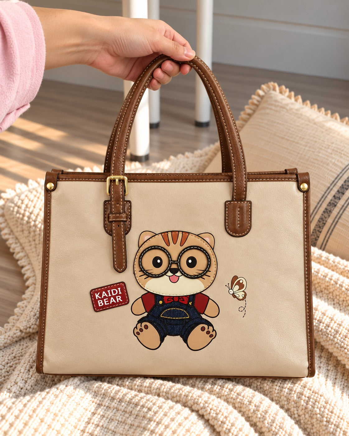 Cartoon Bear Patch Tote Bag - Beige - الصورة 4