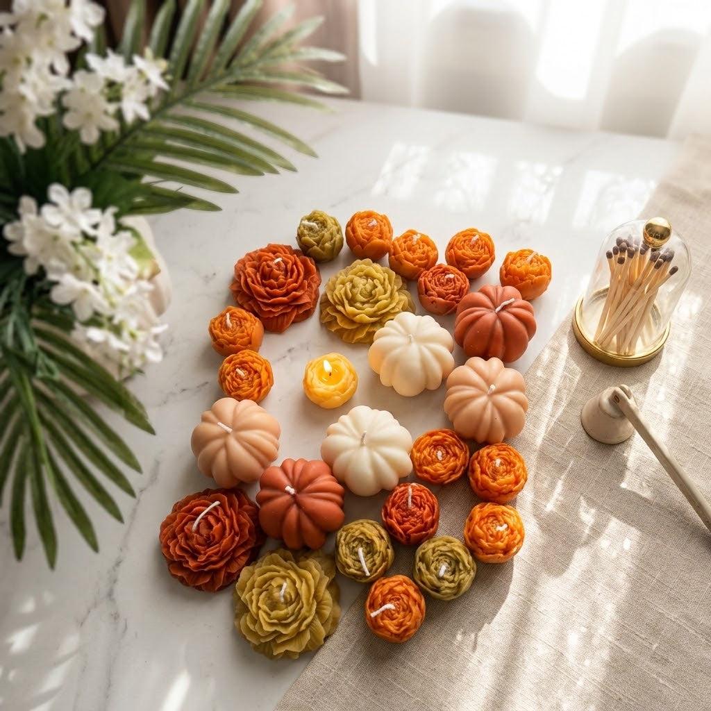 Pumpkin & Flower Decorative Candle Set - 12 Pcs - الصورة 2