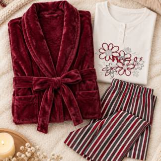 Burgundy Plush Robe 3-Piece Winter Pajama Set